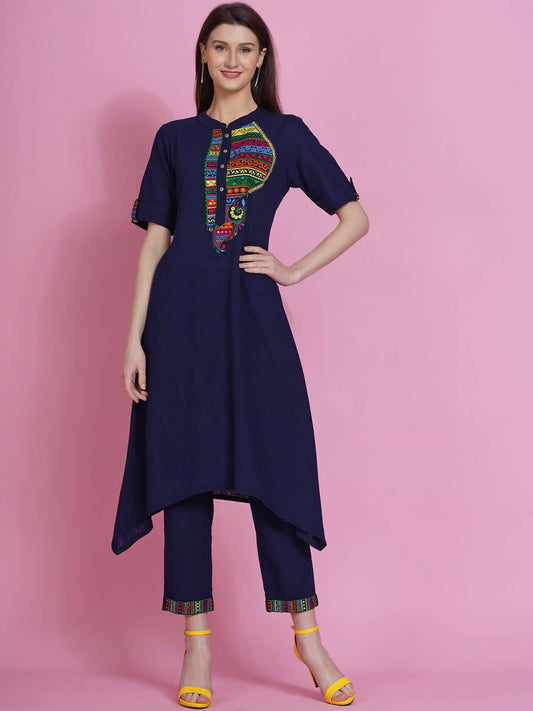Women Republic Navy Blue Cotton Embroidered Kurta With Pants - Grab2buy