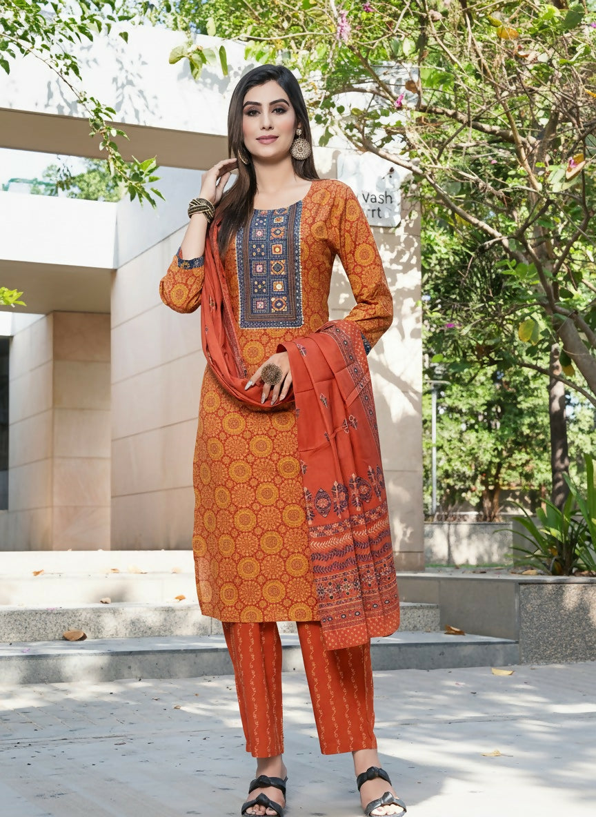 BulBul Aaliya Rust Cotton Kurta Set with Dupatta 