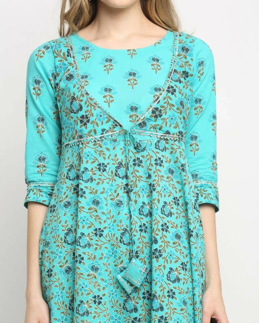 Aastha Fashion Women's Sky Blue Cotton Floral Printed Kurta with Trouser & Dupatta - Grab2buy