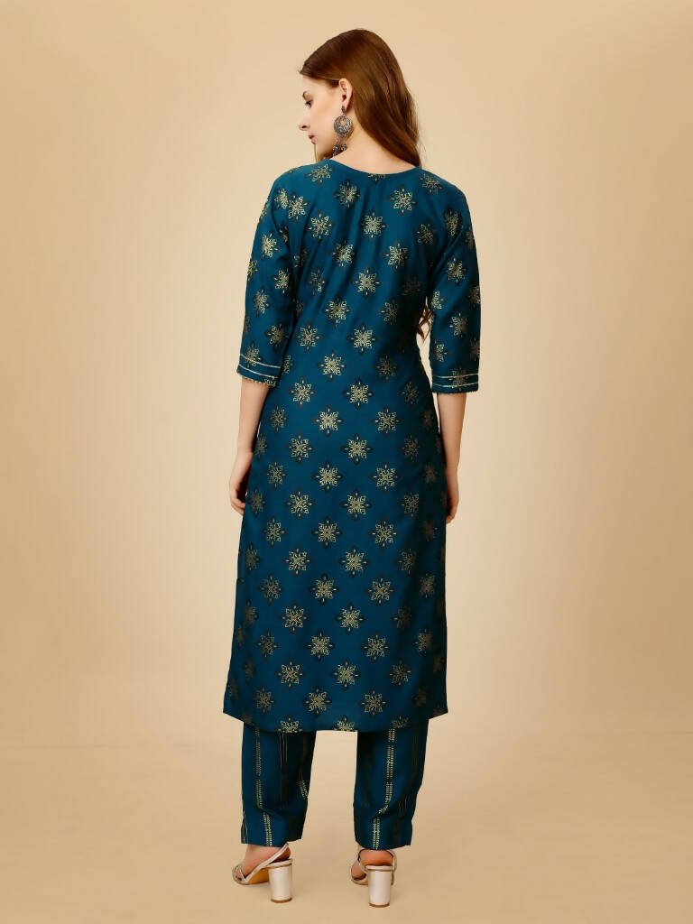 Aastha Fashion Women's Navy Blue Viscose Rayon Embroidered Kurta Pant Set - Grab2buy