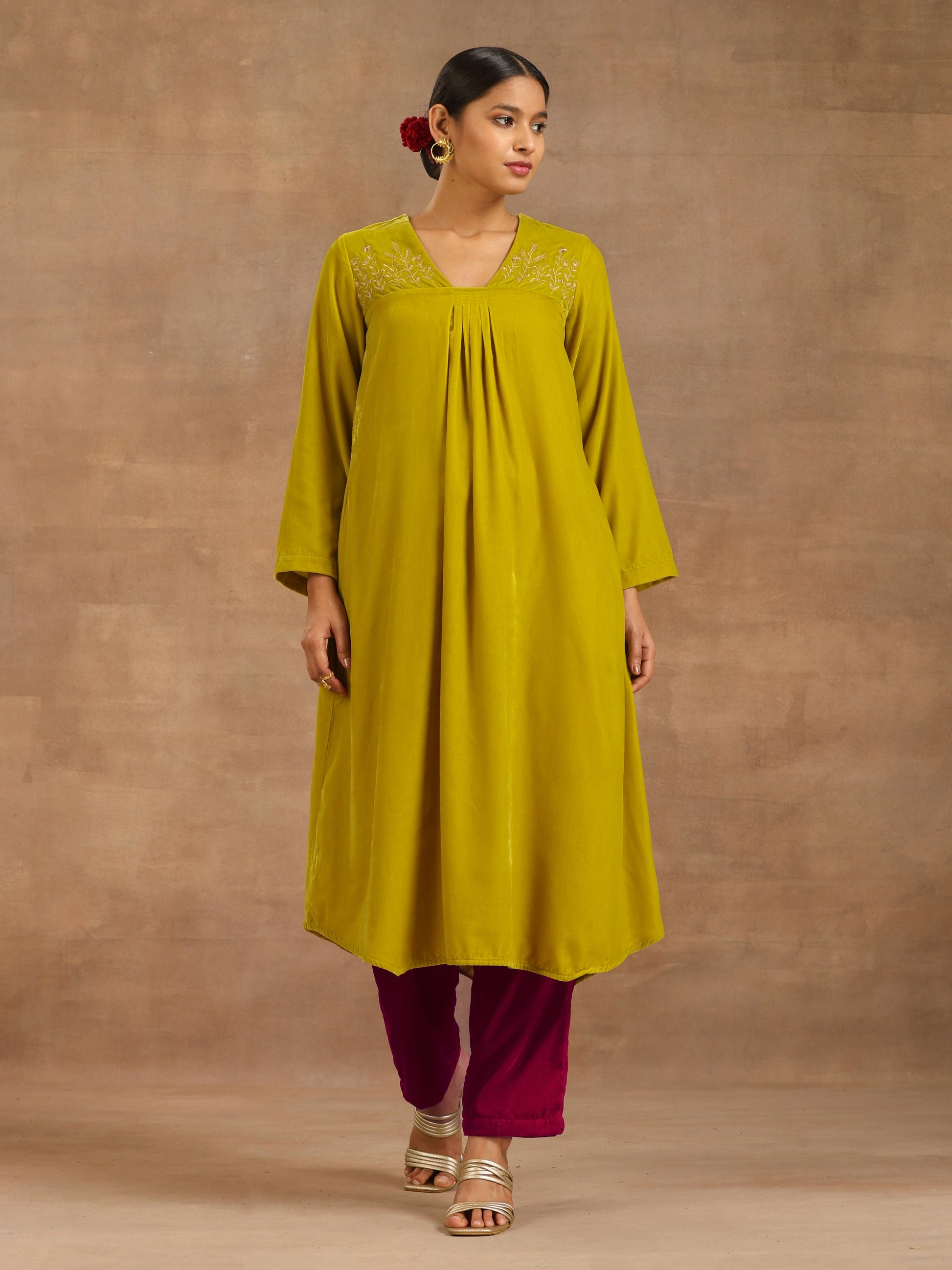 trueBrowns Lime Velvet Yoke Embroidered Kurta 