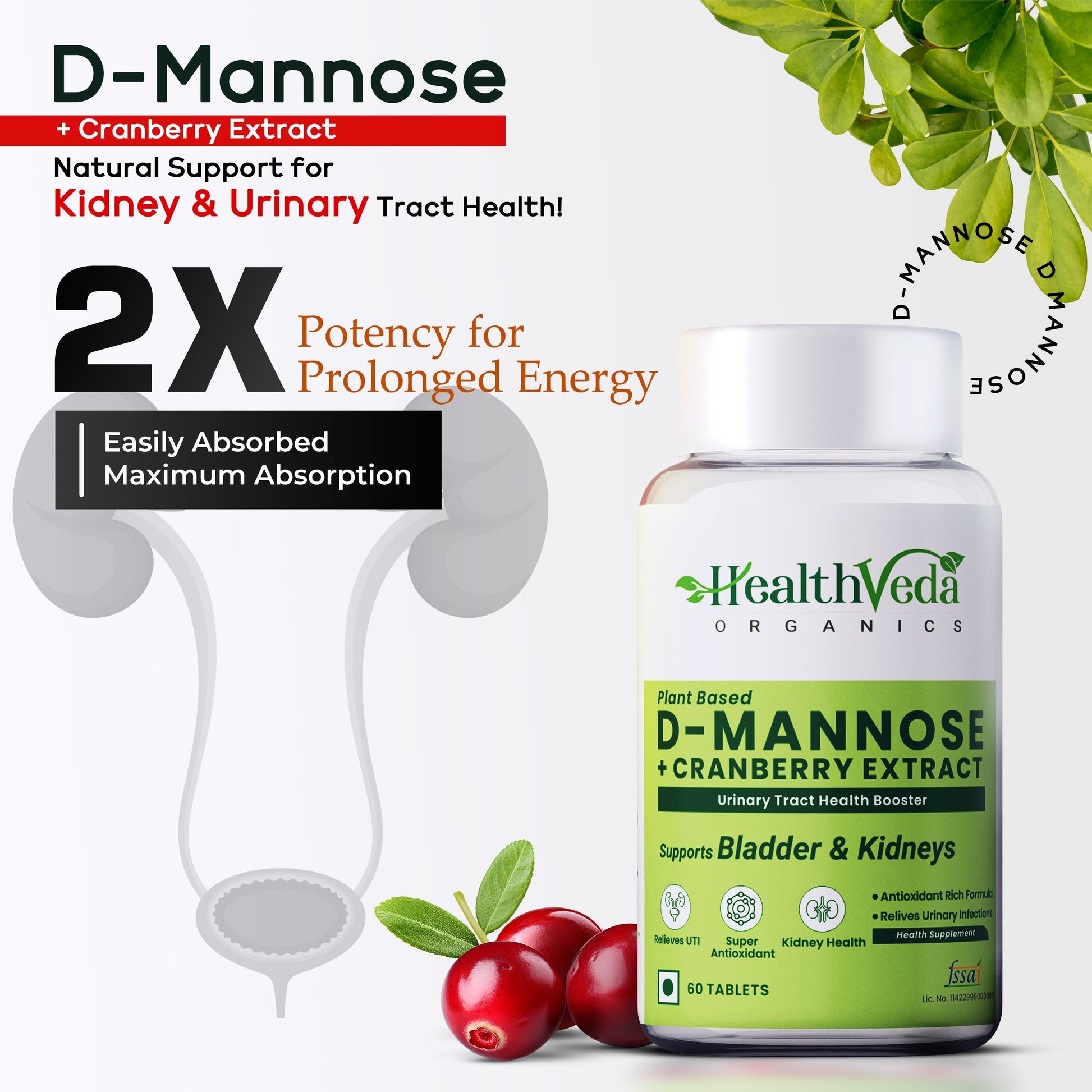 Health Veda Organics D-Mannose + Cranberry Extract Tablets 