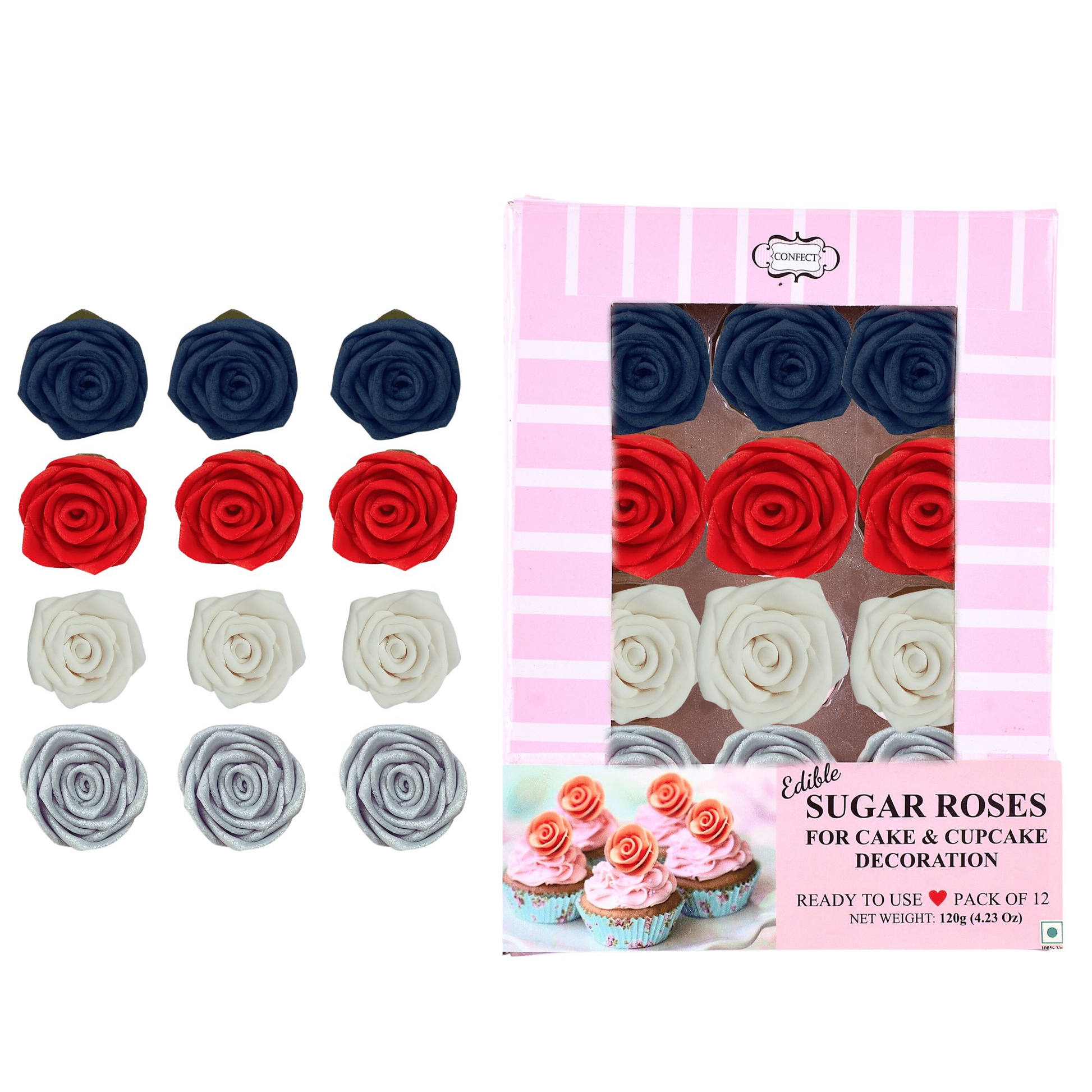 Confect Edible Sugar Roses Cake Toppers - Pack of 12 (01)