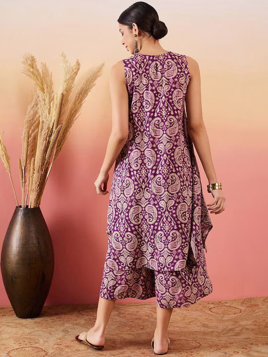 InWeave Dusty Mauve Paisley Round Neck Kurta Short Palazzo Set 
