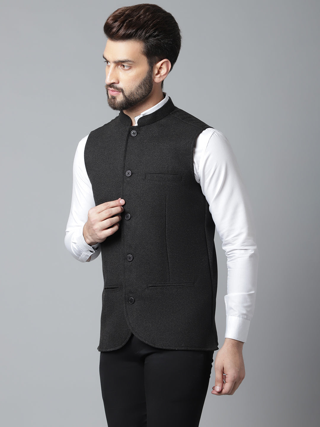 Even Apparels Men's Black Pure Wool Nehru Jacket 