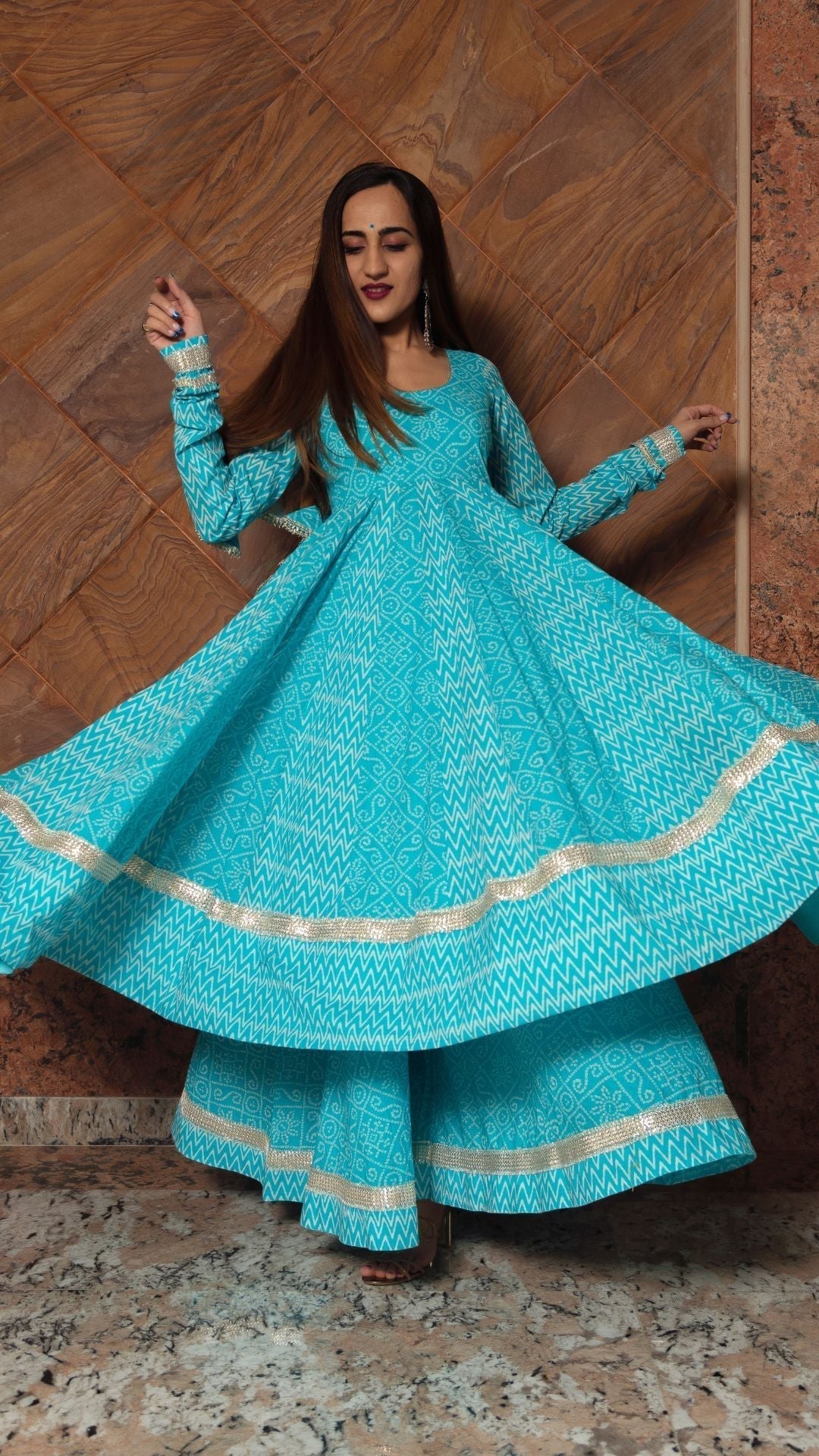 Pomcha Jaipur Neelkari Blue Cotton Anarkali Set 