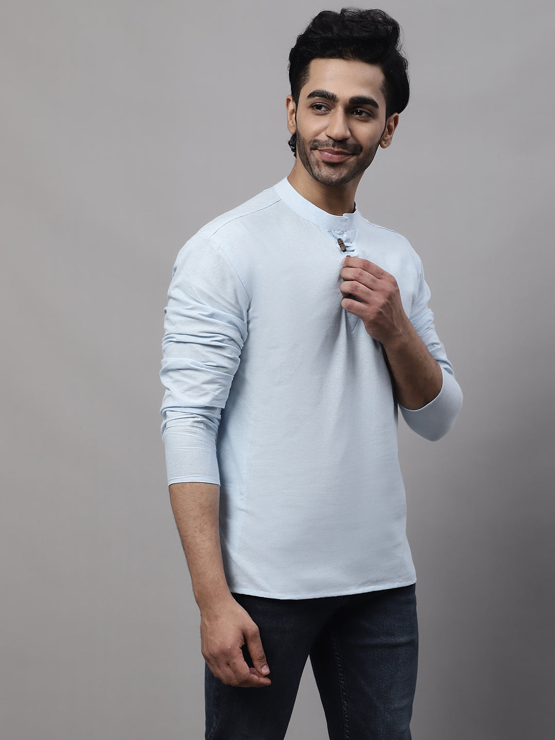 Even Apparels Blue Pure Cotton Kurta With Band Collar 