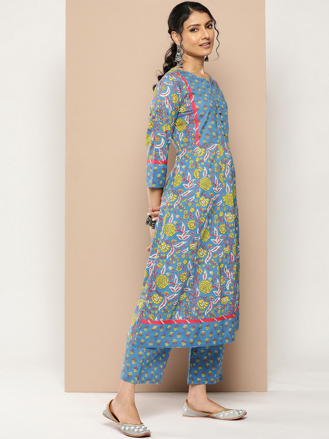 KSUT (House of Varanga) Blue Floral Printed Anarkali Kurta Paired With Printed Palazzo And Dupatta