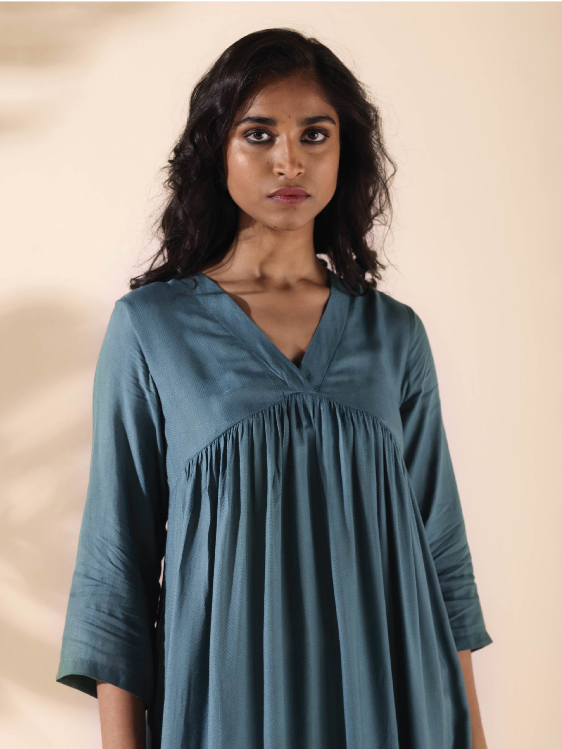 trueBrowns Turquoise Viscose Dobby Flared Kurta Pant Set 