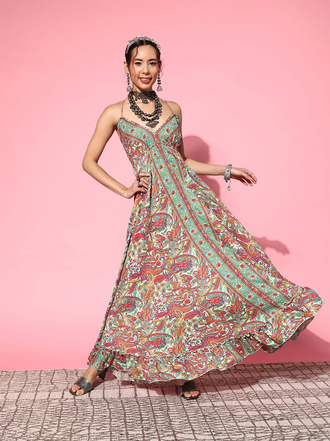 InWeave Women's Green Paisley Print Back Detail Long Dress 