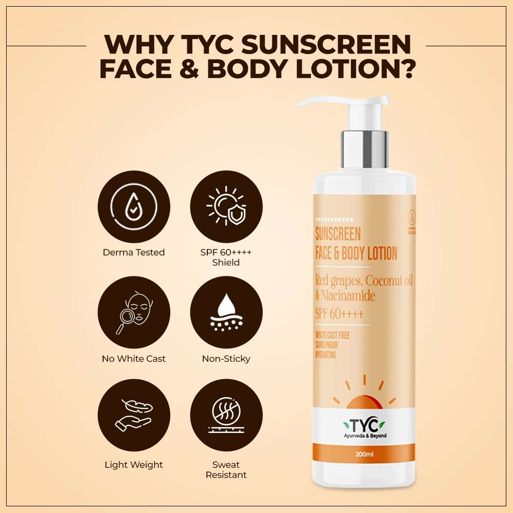 TYC Sunscreen Face & Body Lotion - Red Grapes, Coconut Oil & Niacinamide | SPF 60++++  Grab2Buy TYC Grab2Buy