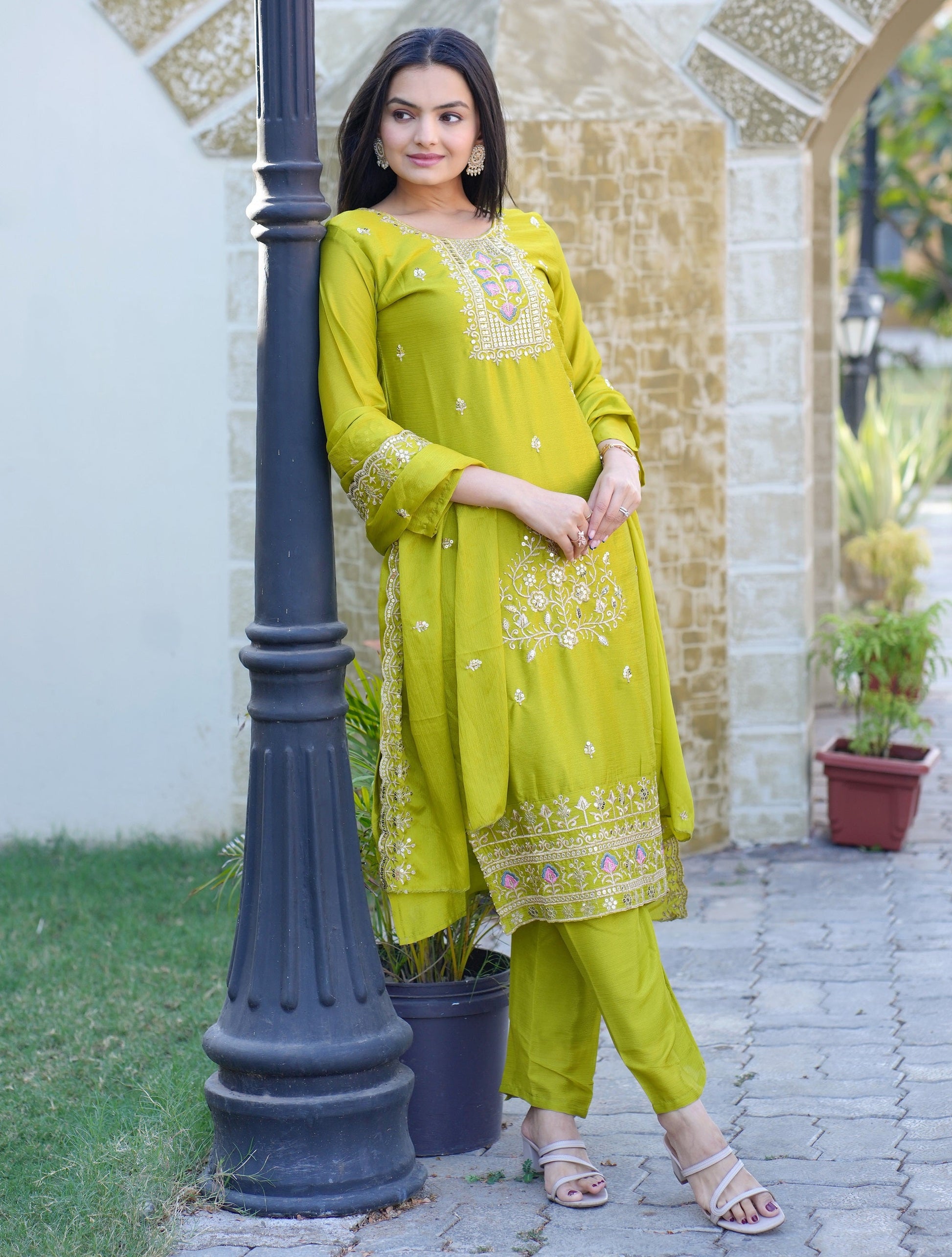 Teeya Creation Olive Color Chinon Silk Heavy Embroidery Work Fully Stitched Salwar Suit