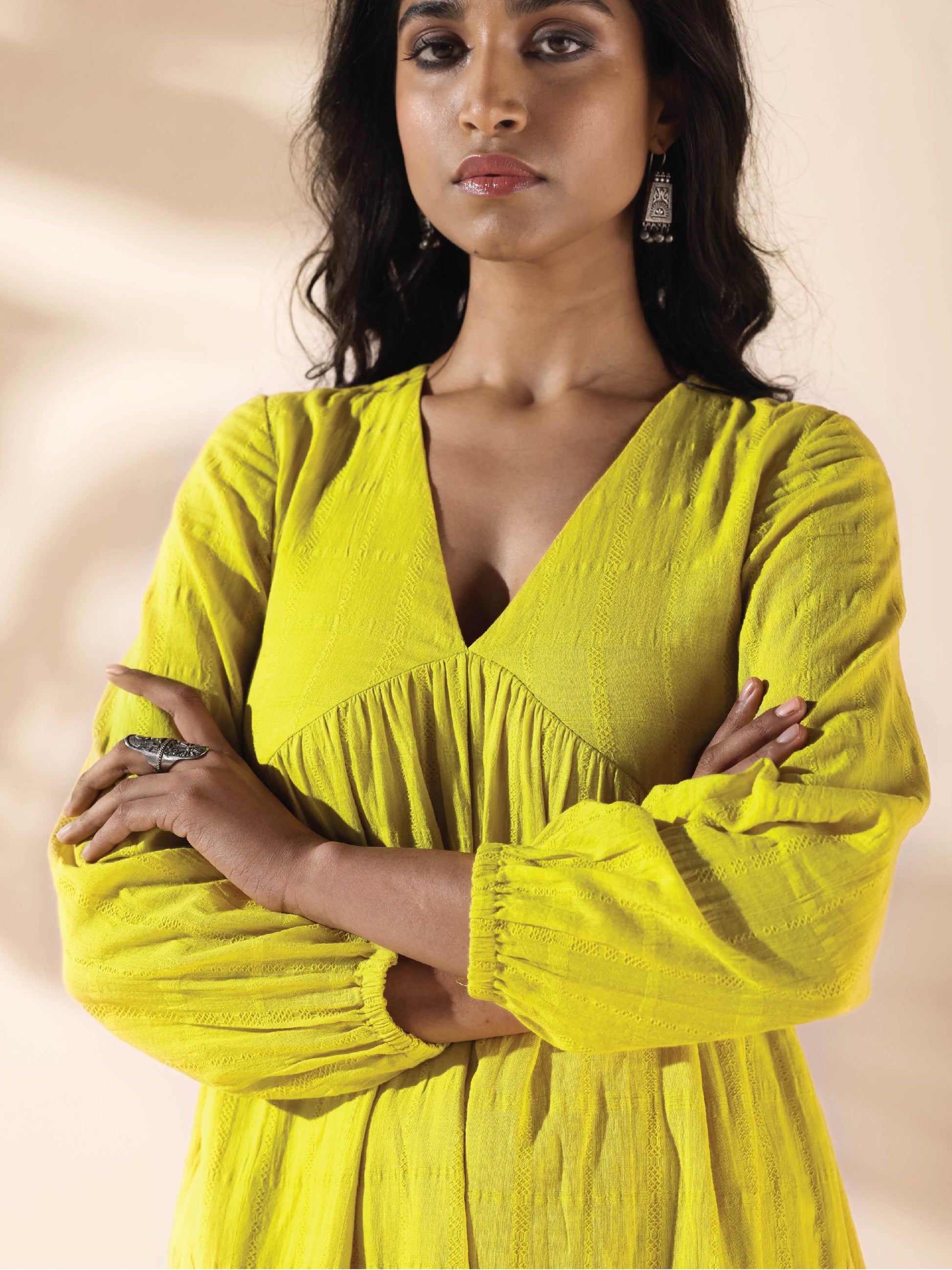 trueBrowns Lime Cotton Dobby Flared Dress 