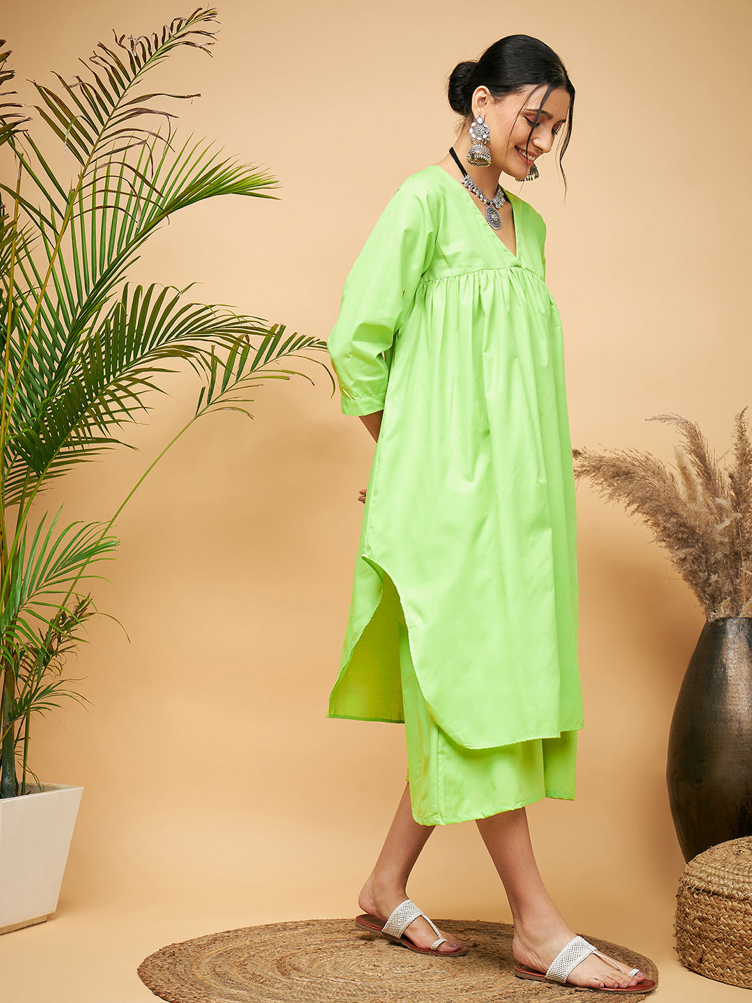 InWeave Women's Lime Green Flared Kurta Palazzo Set 