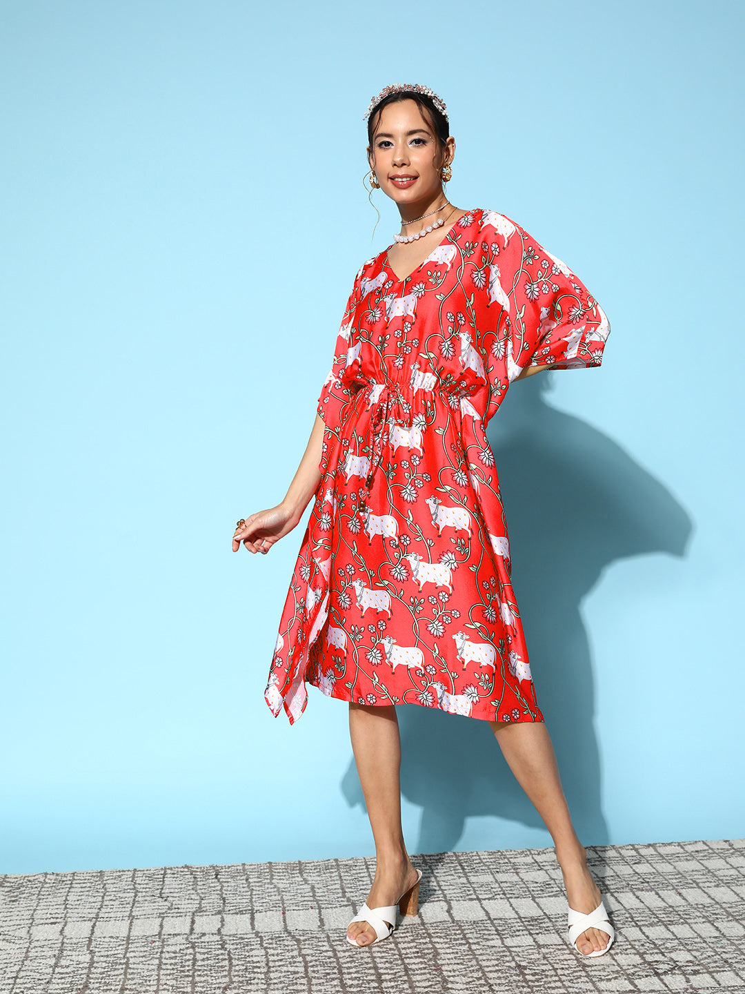 InWeave Women's Bright Pink Indian Bull Print Kaftan 