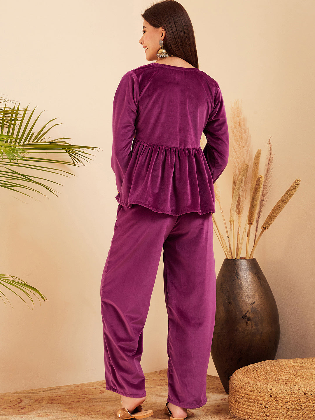 InWeave Women's Wine Mughal Shaan Style Velvet Short Kurta Set 