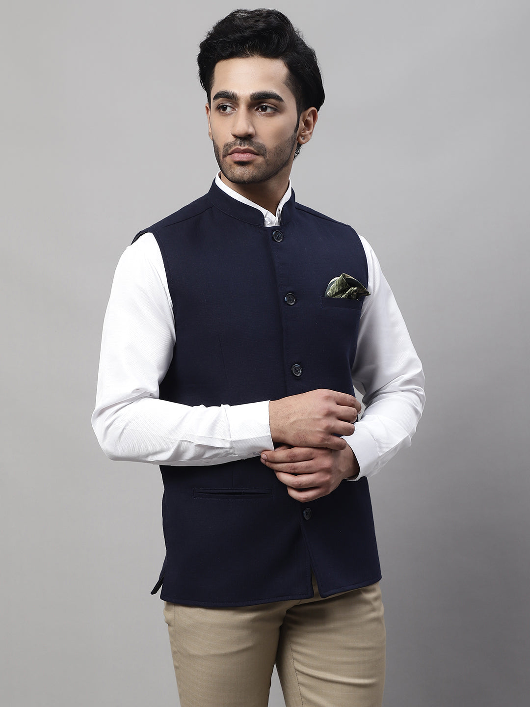Even Apparels Men's Blue Pure Wool Nehru Jacket 