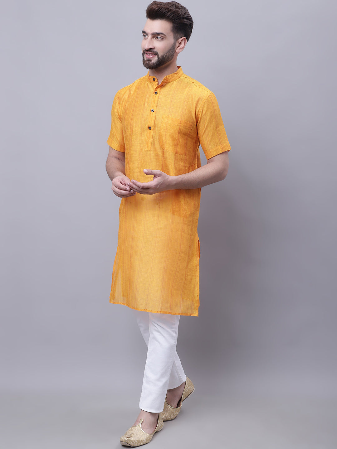Even Apparels Yellow Pure Cotton Short Sleeves Kurta With Band Collar 