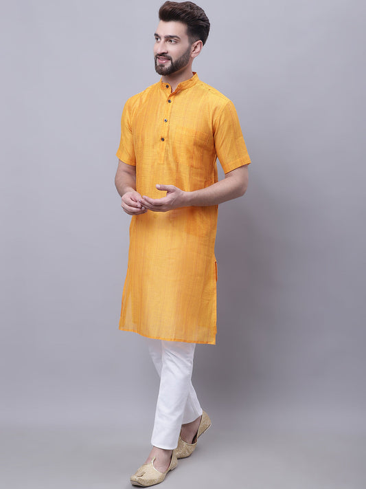 Even Apparels Yellow Pure Cotton Short Sleeves Kurta With Band Collar 