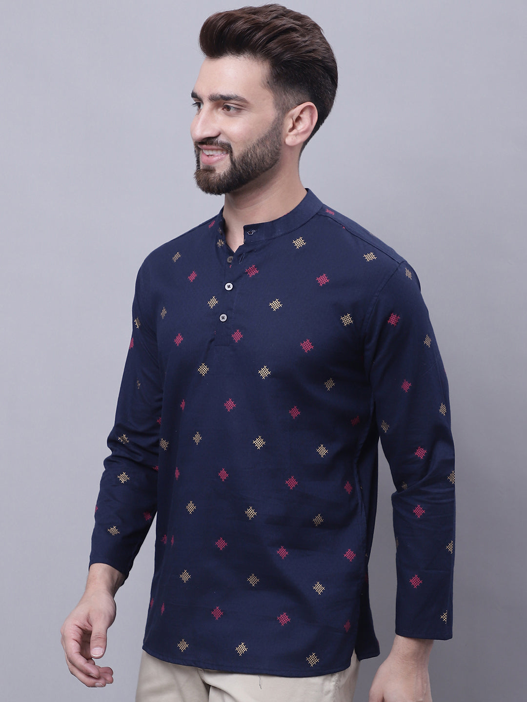 Even Apparels Blue Pure Cotton Short Kurta With Band Collar 