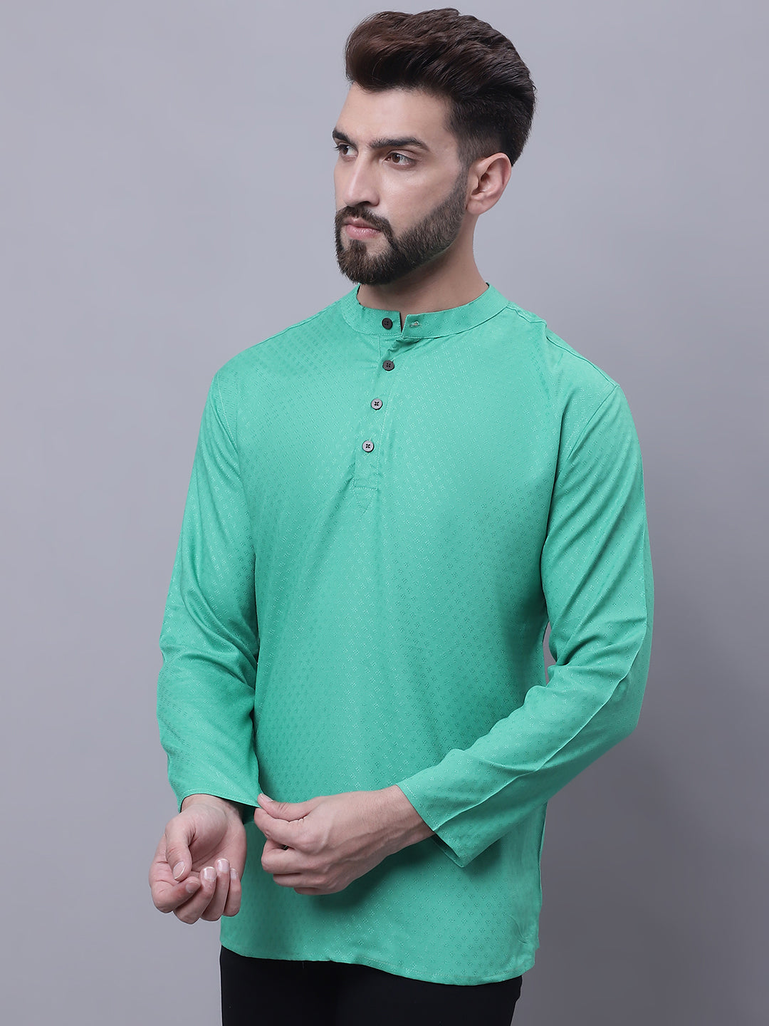 Even Apparels Green Pure Cotton Short Kurta With Band Collar 