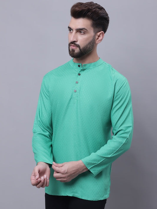 Even Apparels Green Pure Cotton Short Kurta With Band Collar 