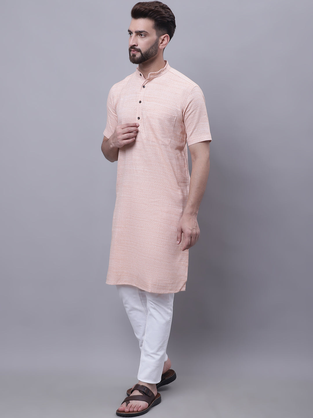 Even Apparels Peach Pure Cotton Short Sleeves Kurta With Band Collar 