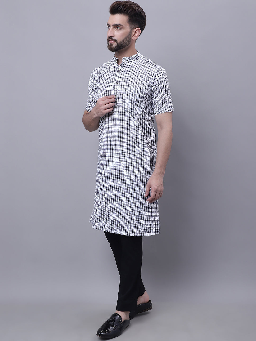 Even Apparels Multi Pure Cotton Short Sleeves Kurta With Band Collar 