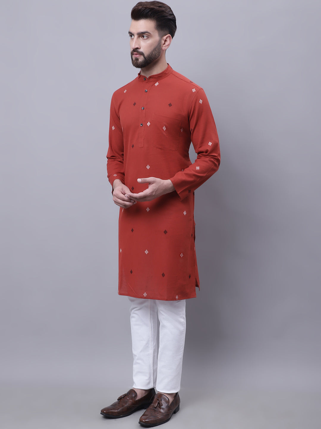 Even Apparels Rust Pure Cotton Kurta With Band Collar 