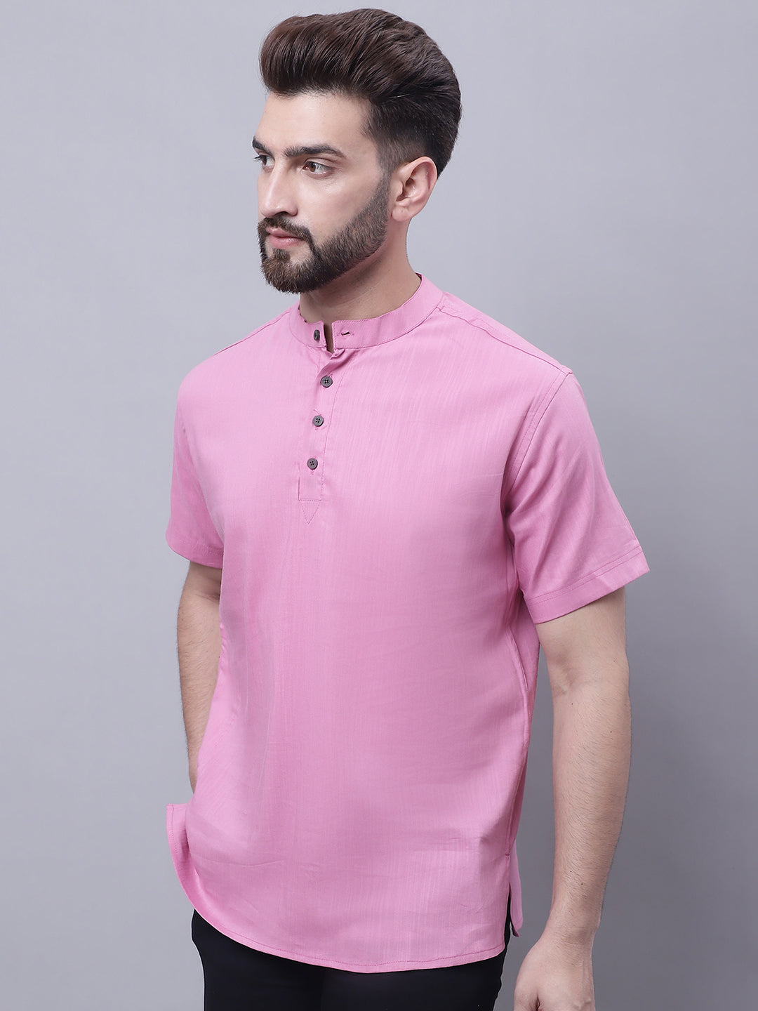 Even Apparels Pink Pure Cotton Short Kurta With Band Collar 