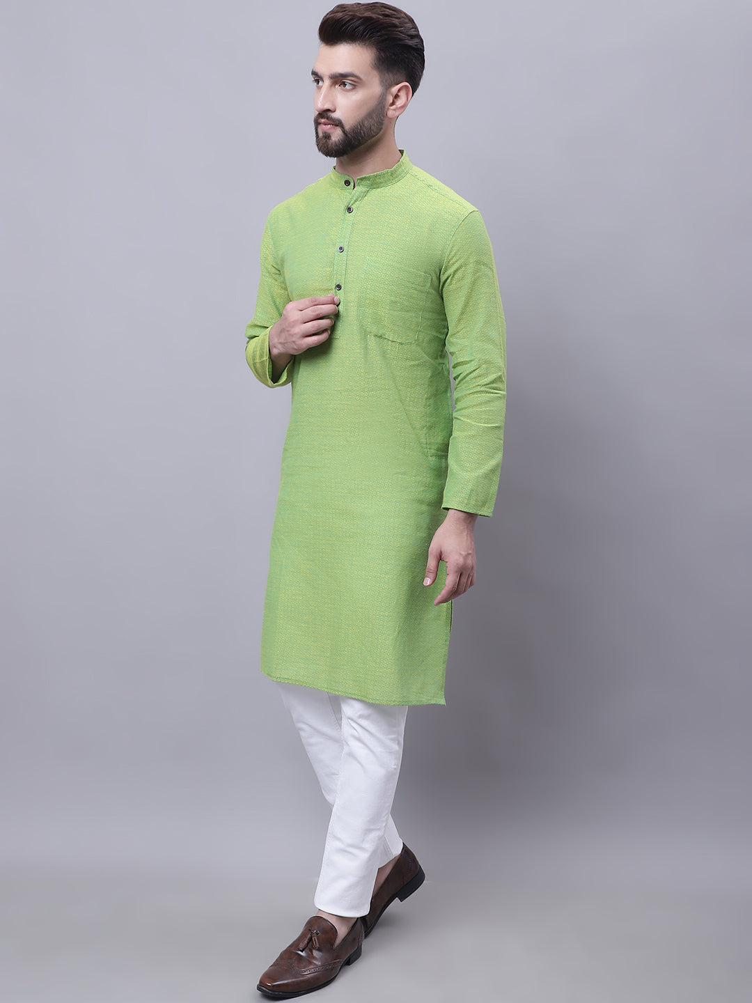 Even Apparels Green Pure Cotton Kurta With Band Collar 