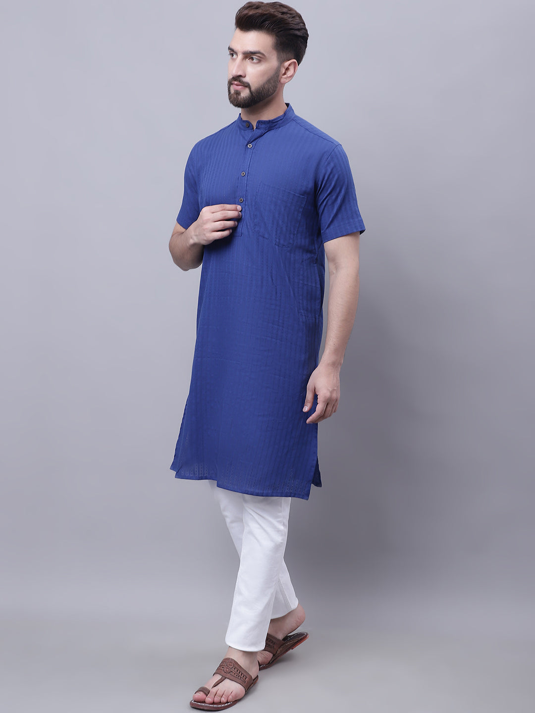 Even Apparels Blue Pure Cotton Short Sleeves Kurta With Band Collar 