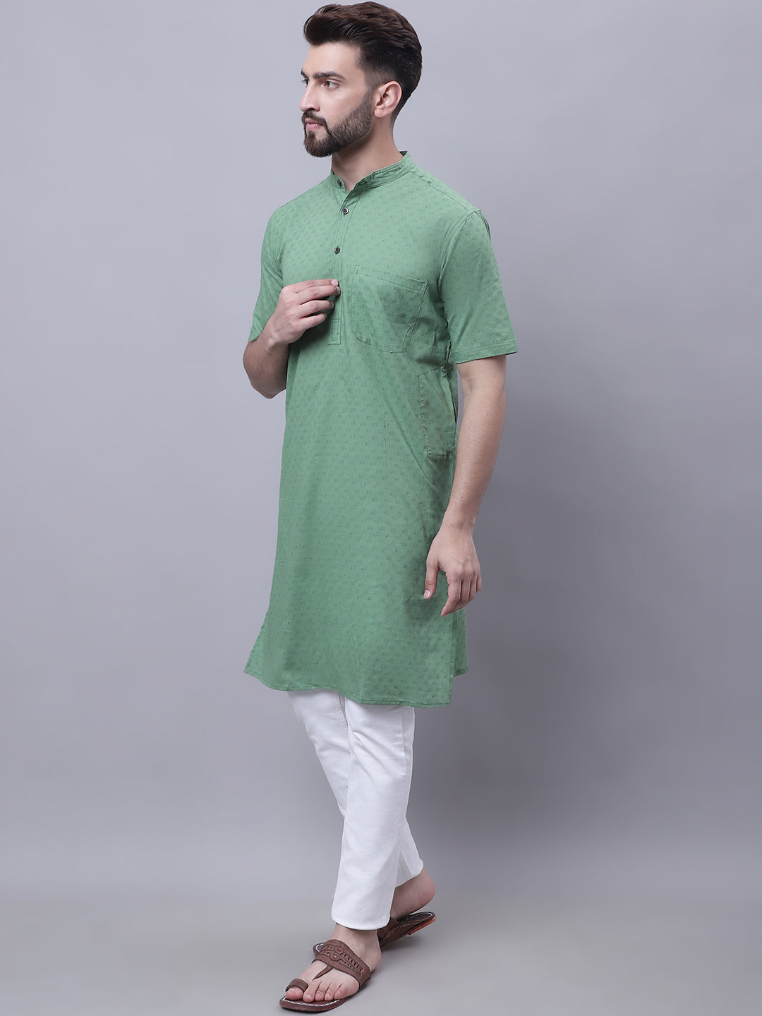 Even Apparels Green Pure Cotton Short Sleeves Kurta With Band Collar 