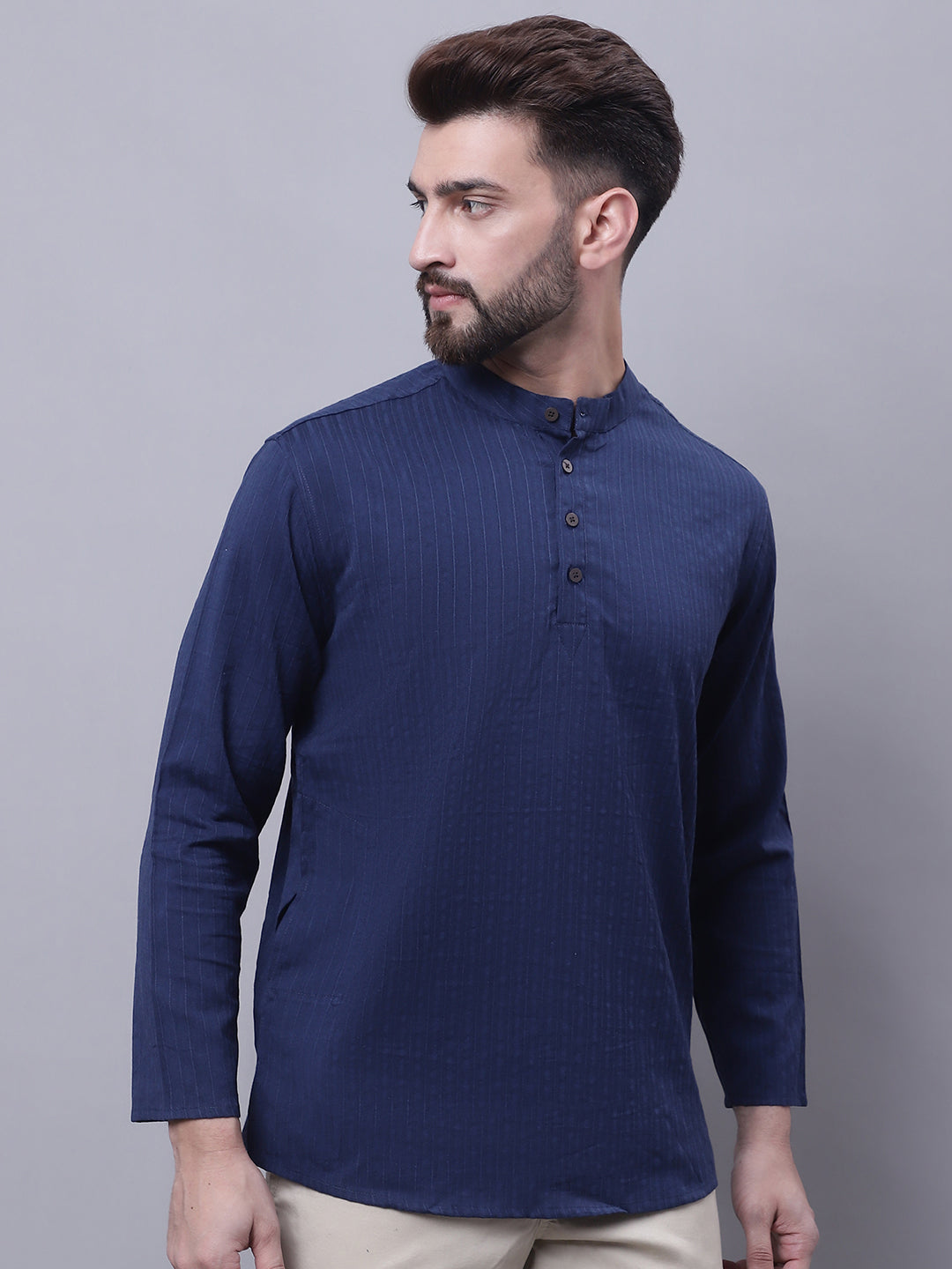 Even Apparels Blue Pure Cotton Short Kurta With Band Collar 
