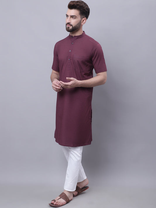 Even Apparels Wine Pure Cotton Short Sleeves Kurta With Band Collar 
