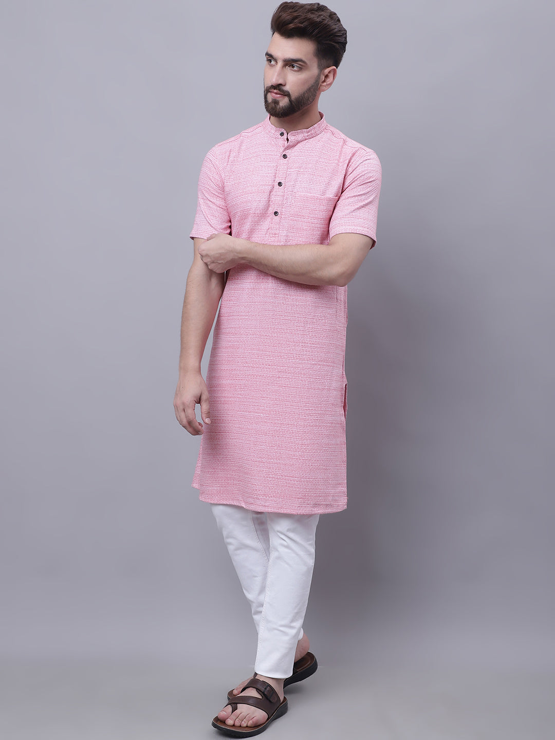 Even Apparels Pink Pure Cotton Short Sleeves Kurta With Band Collar 