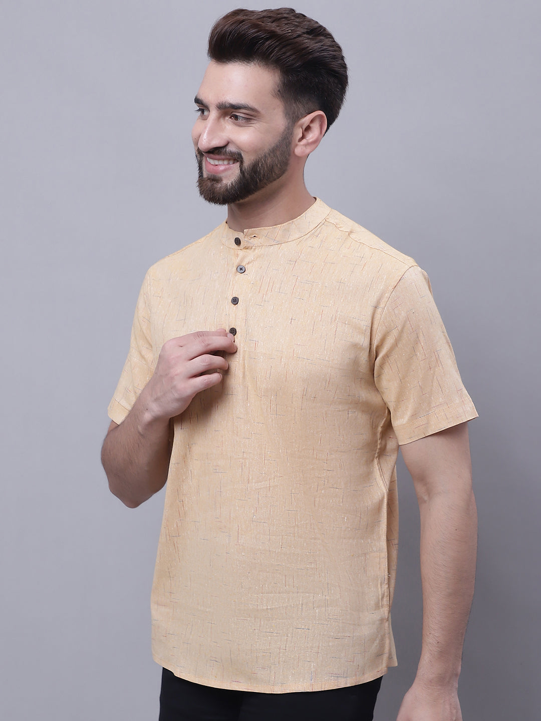 Even Apparels Beige Pure Cotton Short Kurta With Band Collar 