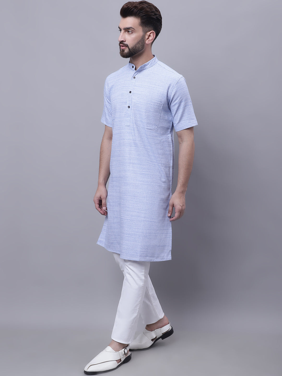 Even Apparels Blue Pure Cotton Short Sleeves Kurta With Band Collar 