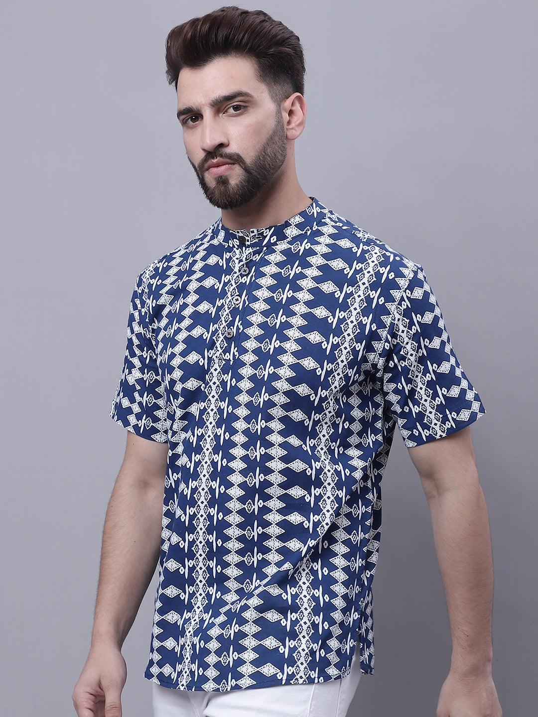 Even Apparels Blue Pure Cotton Short Kurta With Band Collar 