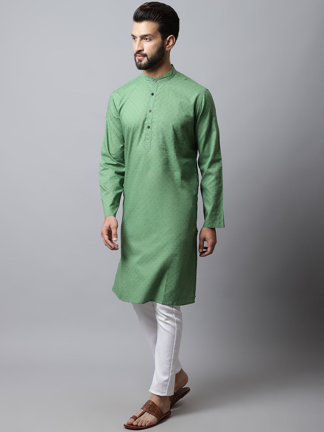 Even Apparels Green Solid Kurta With Band Collar 