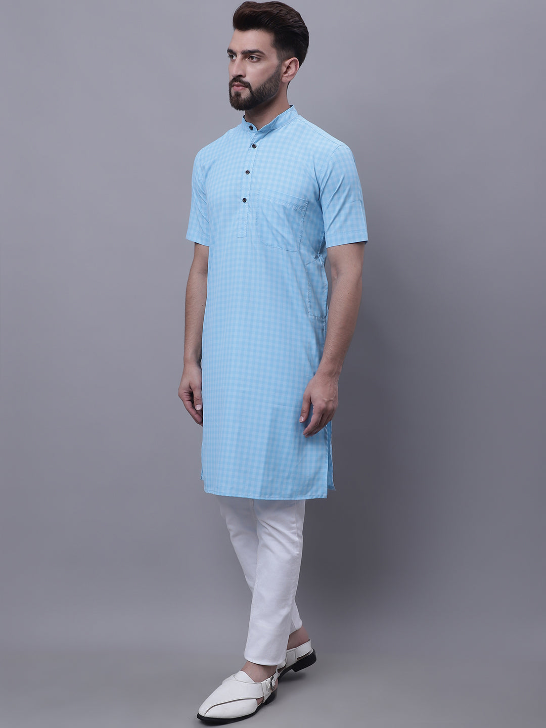 Even Apparels Blue Pure Cotton Short Sleeves Kurta With Band Collar 