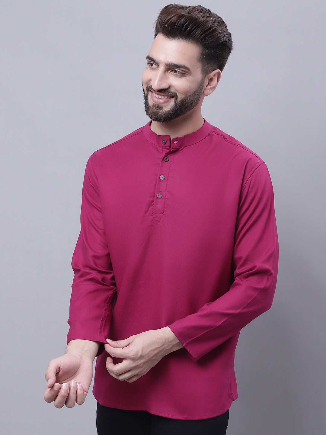 Even Apparels Wine Pure Cotton Short Kurta With Band Collar 