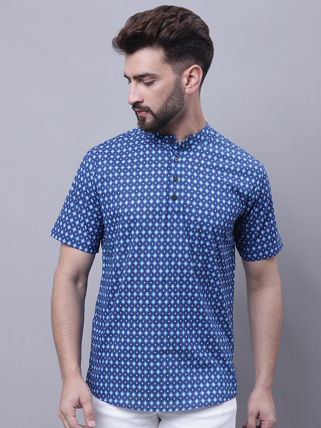Even Apparels Blue Pure Cotton Short Kurta With Band Collar 