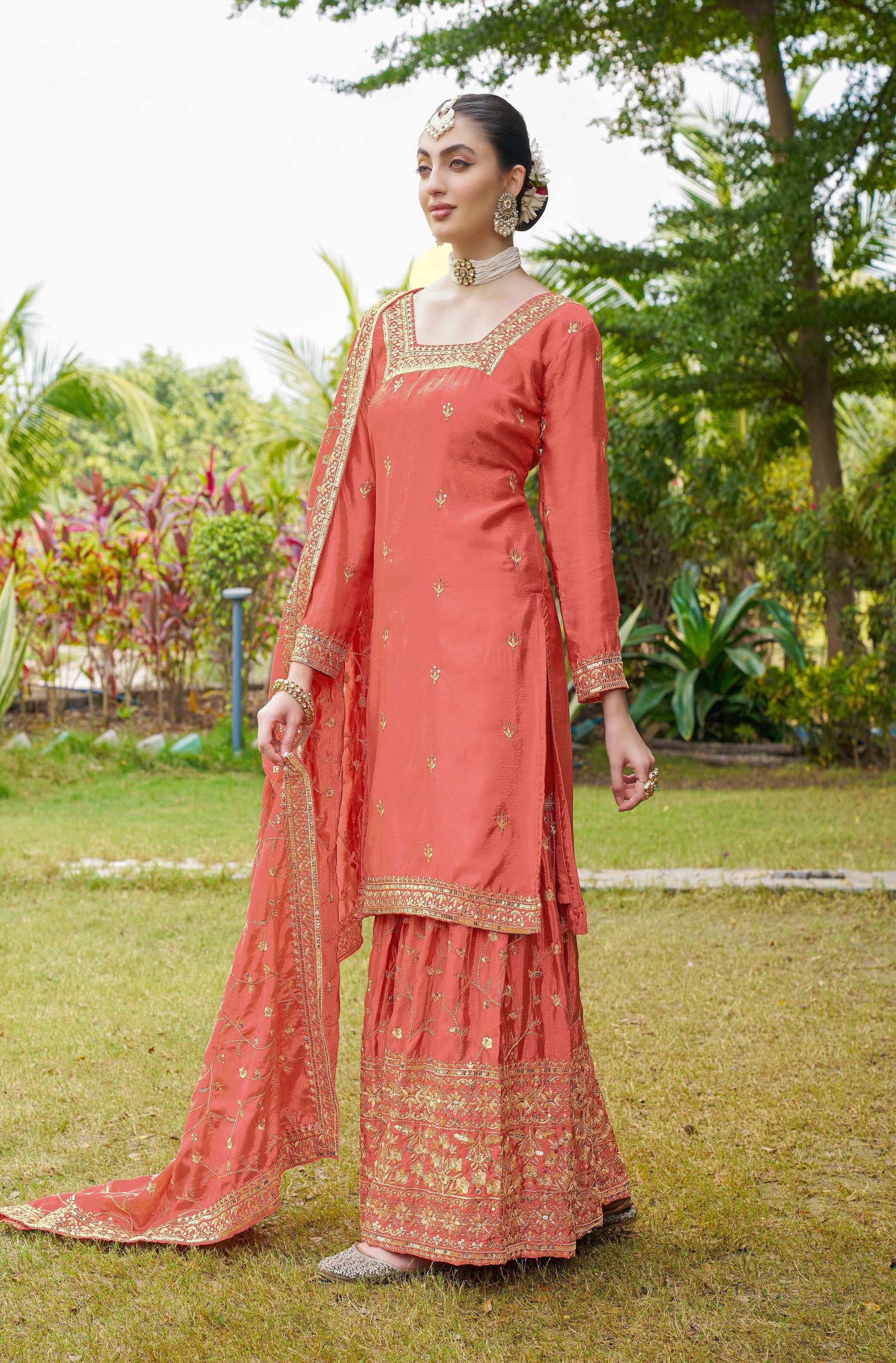 Teeya Creation Orange Color Chinon Silk Heavy Embroidery Work Fully Stitched Salwar Suit