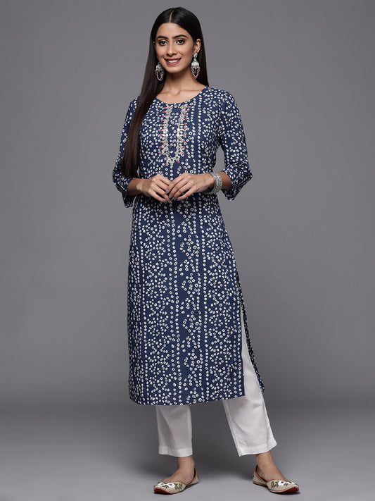 Varanga Blue Bandhani Print Embroidered Kurta Has Round Neck - Grab2buy