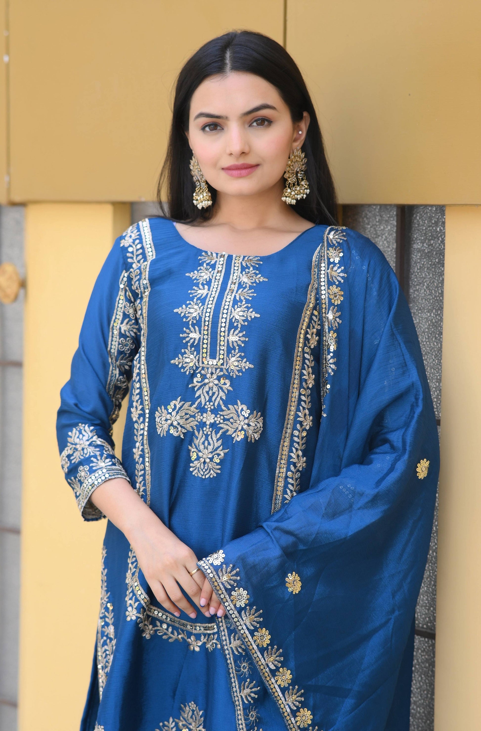 Teeya Creation Blue Color Chinon Silk Heavy Embroidery Work Fully Stitched Salwar Suit
