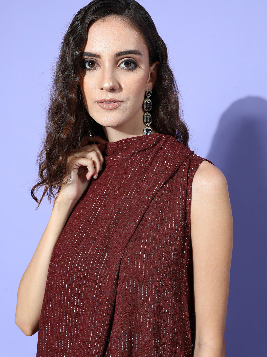 InWeave Women's Maroon Lurex Tie Up Top 