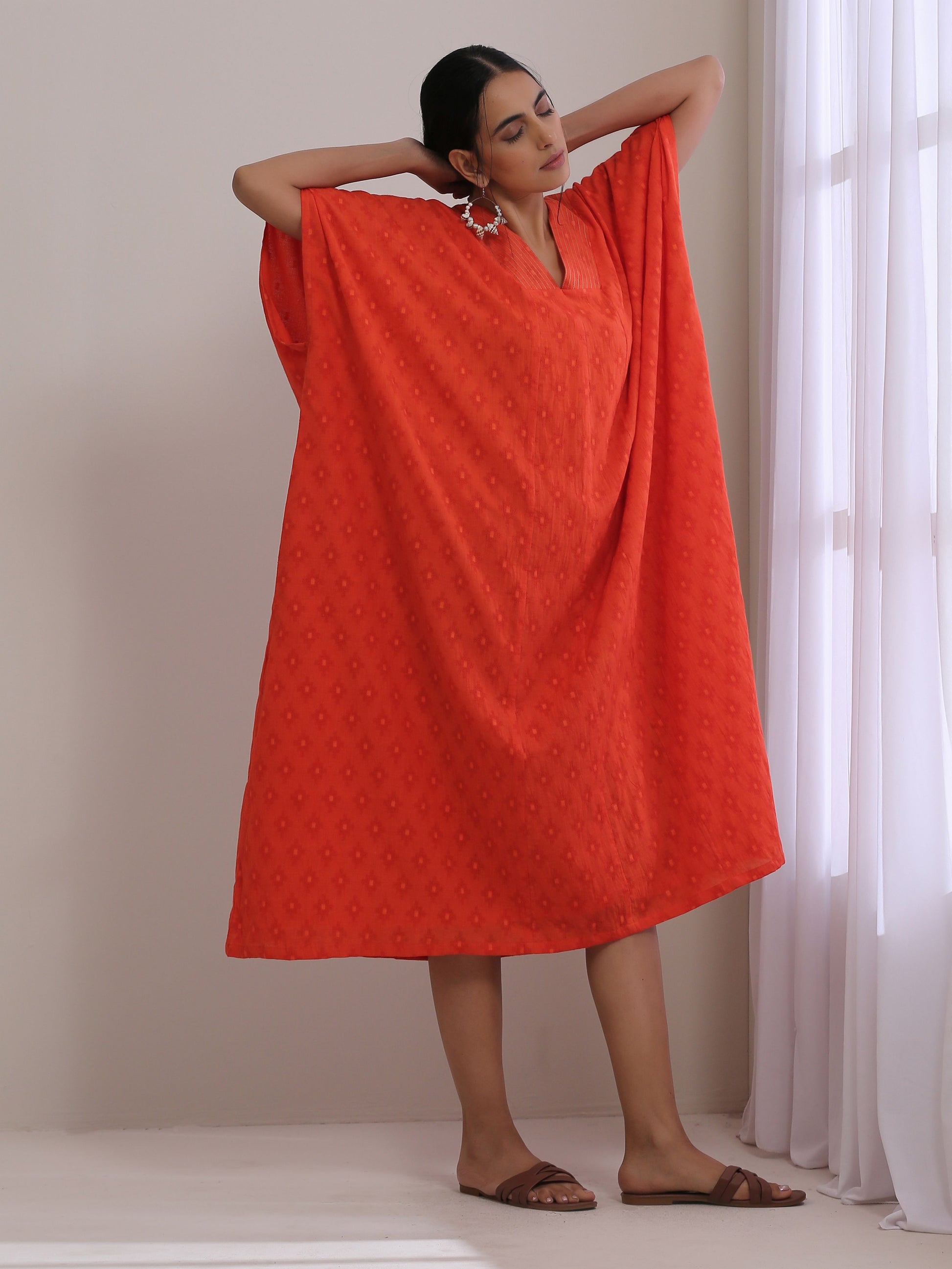 trueBrowns Orange Dobby Panel Kaftan Dress 