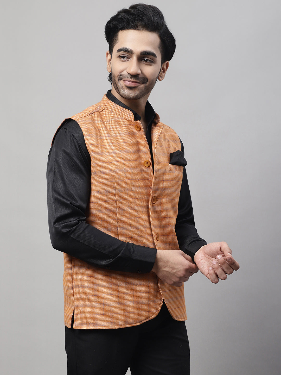 Even Apparels Men's Orange Nehru Jacket With Welt Pockets 