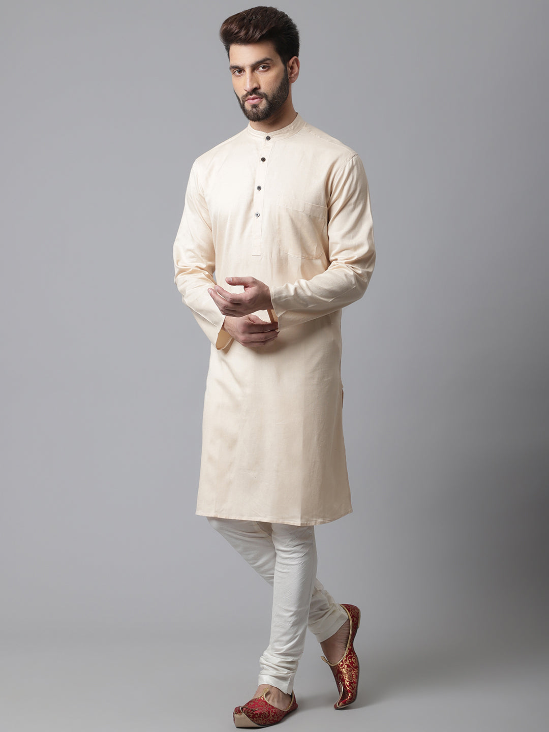 Even Apparels Cream Pure Cotton Kurta With Band Collar 